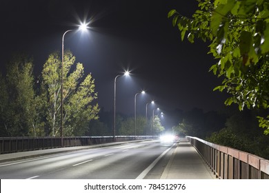 long night street with modern LED street lights