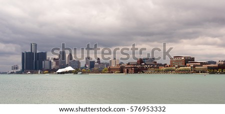Long Panoramic Detroit Michigan River Downtown City Skyline
