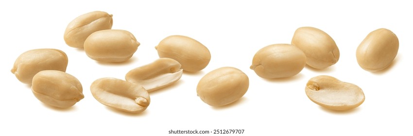 Long peeled peanut group isolated on white background. Package design element with clipping path