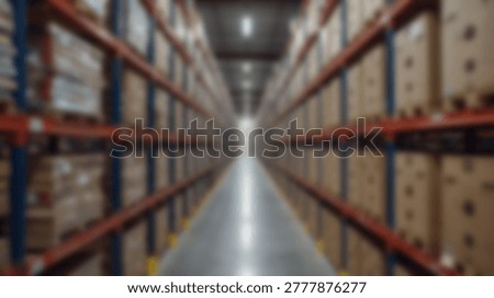 A long perspective shot inside a warehouse, showing rows of shelves filled with boxes and goods, creating a sense of scale and storage.