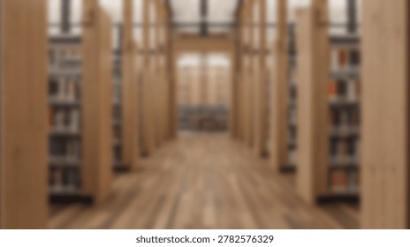 A long perspective view down a library aisle with tall wooden bookshelves filled with books and a polished wooden floor.