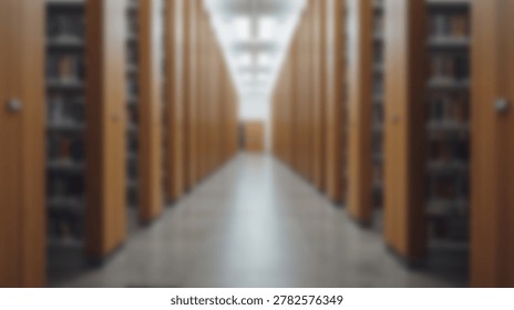 A long perspective view down a library aisle showcases rows of tall wooden bookshelves filled with books under bright overhead lighting.