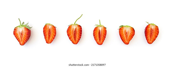 Long Picture With Row Of Slices Natural Strawberry Isolated On White