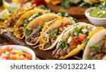 long platter of tacos with a bowl of salsa