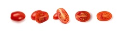 Long Plum Tomato Group Isolated. Fresh Small Cherry Tomatoes, Mini Organic Cocktail Tomate Slice On White Background Top View