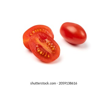 Long Plum Tomato Group Isolated. Fresh Small Cherry Tomatoes, Mini Organic Cocktail Tomate Slice On White Background