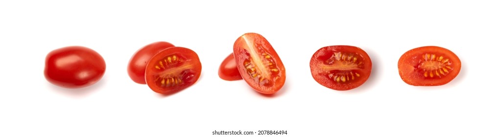 Long Plum Tomato Group Isolated. Fresh Small Cherry Tomatoes, Mini Organic Cocktail Tomate Slice On White Background Top View