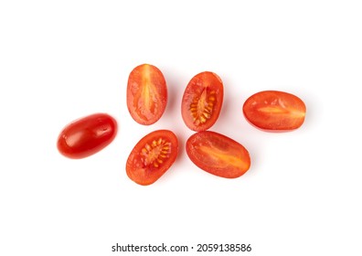 Long plum tomato halves isolated. Fresh small cherry tomatoes, mini organic cocktail tomate slice on white background top view