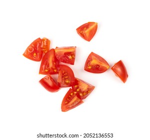 Long Plum Tomato Slices Isolated. Fresh Small Cherry Tomatoes Wedges, Mini Organic Cocktail Tomate Slice On White Background Top View