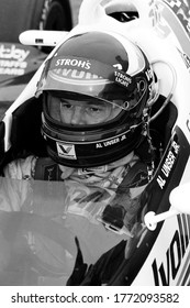 Long Pond, PA / USA - August 20, 1989: A Vintage, Grainy Black And White Photo Of  Legendary Indy Car Driver Al Unser Jr. In His Race Car.