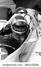 Long Pond, PA / USA - August 20, 1989: A Vintage, Old-school Black-and-white Photo Of Legendary Indy Car Driver Mario Andretti In His Car At Pocono Raceway In Pennsylvania.