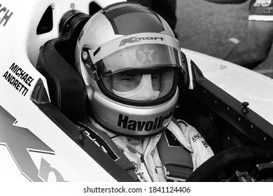 Long Pond, PA / USA - August 20, 1989: A Vintage, Old-school Black-and-white Photo Of Indy Car Driver Michael Andretti In His Car At Pocono Raceway In Pennsylvania.