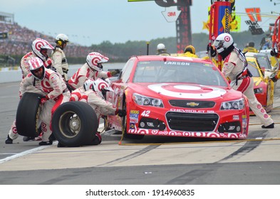 Long Pond, PA, USA - August 3, 2014:  NASCAR driver Kyle Larson makes a pit stop during the 2014 NASCAR Go Bowling.com 400 at Pocono Raceway in Pennsylvania.