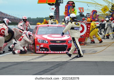 Long Pond, PA, USA - August 3, 2014:  NASCAR driver Kyle Larson makes a pit stop during the 2014 NASCAR Go Bowling.com at Pocono Raceway in Pennsylvania.