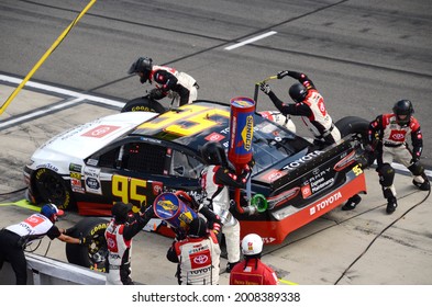 Long Pond, PA, USA - July 28, 2019:  NASCAR Driver Matt DiBenedetto Makes A Pit Stop During The 2019 NASCAR Gander RV 400 At Pocono Raceway In Pennsylvania.