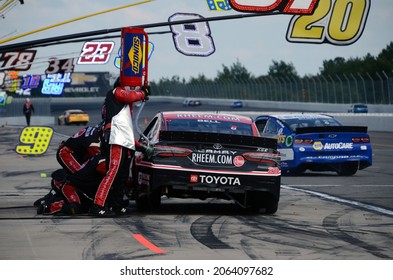 Long Pond, PA, USA - June 27, 2021:  NASCAR Driver Christopher Bell Makes A Pit Stop During The 2021 Explore The Pocono Mountains 350 NASCAR Cup Series Race At Pocono Raceway.