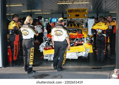 Long Pond, PA, USA - June 10, 2007: Dave Blaney's Wrecked Race Car Sits In The Garage Following A Practice Crash During A NASCAR Cup Series Event At Pocono Raceway In Pennsylvania.