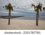 A long, private dock extending out into the Bay of Biloxi with palm trees and a manicured beach in the foreground on a cloudy day in Ocean Springs, Mississippi.