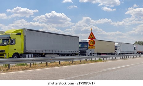 Long Queue Of Lorry Cargo Trucks Stucked At Europe Border Entry