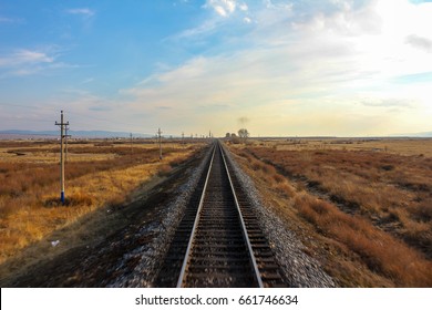 Long Railway View At Sunset, Trans Siberian Railway