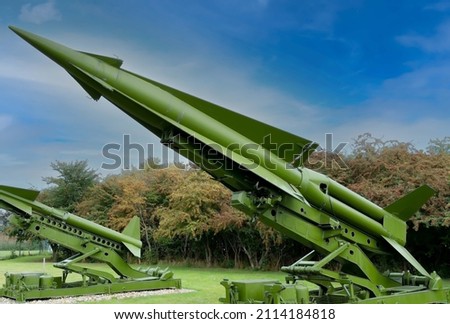 Long range missiles on the launch ramp ready to fire towards enemy troops and aircraft in time of war.