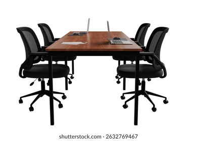 A long, rectangular conference table with a dark wood top and black metal legs is shown, surrounded by six black mesh-back office chairs on wheels. Laptops and papers rest on the table's surface