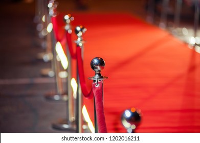 Long red carpet between rope barriers on entrance. - Shutterstock ID 1202016211
