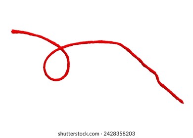 Long red thread isolated on a white background. Red rope on a white background. Red thread isolated on a white background, top view.