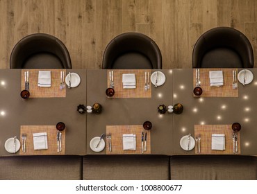 Long Restaurant Table For Six People In Overhead View. 