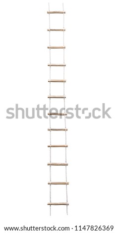 Long rope wooden step ladder isolated on white background