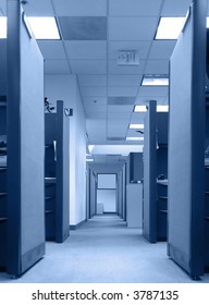 Long Row Of Empty Office Cubicles