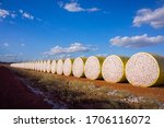 A long row of raw white cotton wrapped in yellow plastic waiting for transport to the cotton gin in nearby Emerald, Queensland, Australia.