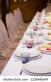 Long Served Feast Table.festive Table In The Restaurant.Interior Of The Banquet Hall In The Cafe.banquet Table In The Restaurant.place Of Celebration