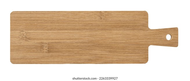 Long serving board cutout. Empty bamboo board with handle for serving food isolated on a white background. Modern kitchen utensil made of wood for food design. Cutting board. Top view.