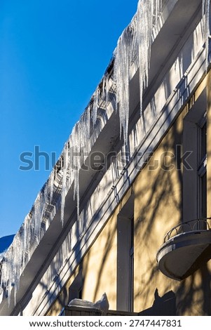 Long sharp icicles dangle from a building cornice against a brilliant blue sky, dripping in a winter thaw bright sunlight