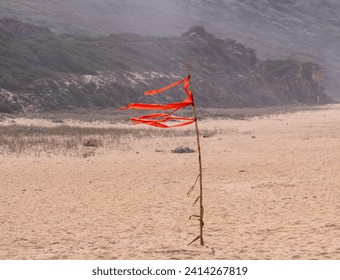 long shot of tattered red warning flag on windy beach set against an out of focus background.  - Powered by Shutterstock