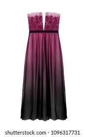 Long silk pink   black strapless gown isolated over white