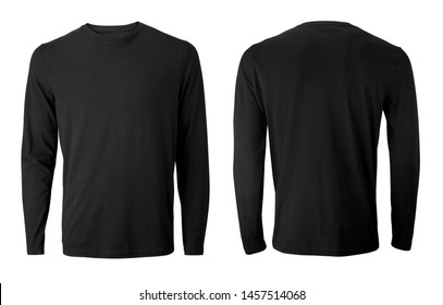 Long sleeve black t-shirt with front and back views isolated on white