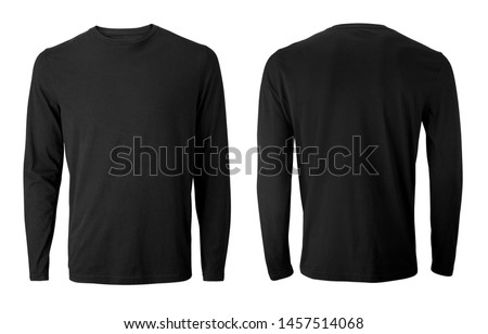Long sleeve black t-shirt with front and back views isolated on white