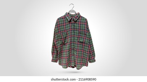 Long Sleeve Checkered Shirt On Hanger. Canadian Cotton Flannel Red Plaid Shirt. Minimal Style. Composition Of Clothes. Pattern. Trendy Clothes Collage. Corduroy Denim Jacket. Women's, Mens Look