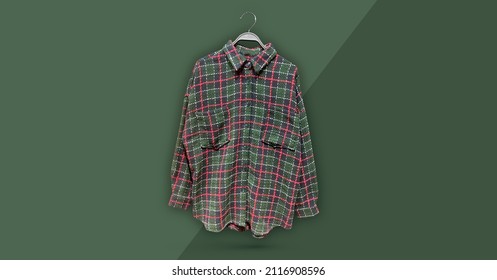 Long Sleeve Checkered Shirt On Hanger. Canadian Cotton Flannel Red Plaid Shirt. Minimal Style. Composition Of Clothes. Pattern. Trendy Clothes Collage. Corduroy Denim Jacket. Women's, Mens Look