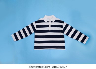 Long Sleeve Striped Polo Shirt Isolated On Blue Background