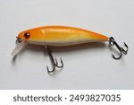 Long Small orange wobbler crank bait for fishing isolated on a white background. Fishing gear concept, fishing bait and lures concept, topwater fishing lures