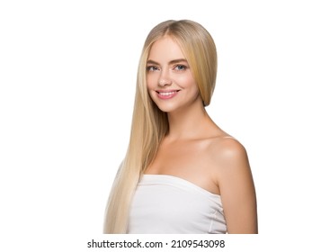 Long Smooth Hair Beauty Woman Portrait Blonde Hairstyle Healthy Hair Skin. Isolated On White.