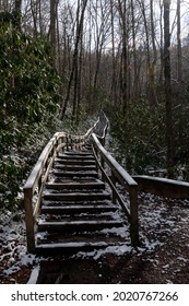 A Long Stairway Made Of Wood Rising To Mingo Falls In The Blue Ridge Mountains, North Carolina With A Light Dusting Of Snow