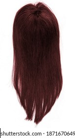 A Long Straight Burgundy Colored Wig, Toupee Or Hair Topper Against A Plain White Backdrop.