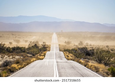 A long, straight desert road stretches into the horizon, with dust clouds in the background and distant mountains. A symbol of solitude, adventure, and journey through the barren landscape. - Powered by Shutterstock