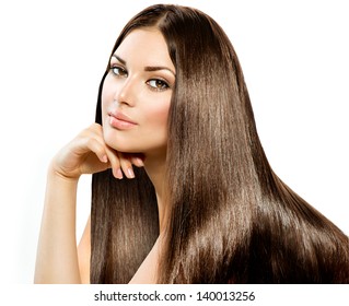 Long Straight Hair. Beautiful Brunette Girl Isolated On White Background. Smooth And Shiny Brown Hair. Beauty Model Woman. Healthy Skin, Hair And Nails