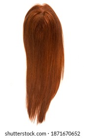 A Long Straight Reddish Blonde Wig, Toupee Or Hair Topper Against A Plain White Backdrop.