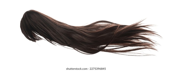 Long straight Wig hair style fly fall explosion. Brown woman wig hair float in mid air. Straight brown wig hair wind blow cloud throw. White background isolated high speed freeze motion - Shutterstock ID 2275396845